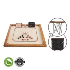 UBERGAMES Karromspiel Karrom - Hartholz - Offizielle 74x74cm - Inkl. Tisch&Tasche