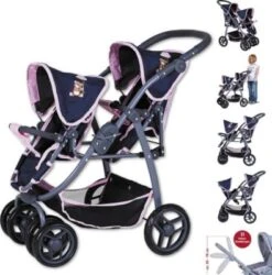 KNORRTOYS.COM Zwillingspuppenwagen Milo - Navy Pink Bear