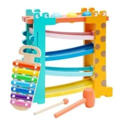 BeebeeRun® 3 In 1 Kugelbahn & Xylophon & Klopfbank Giraffe Holzspielzeug
