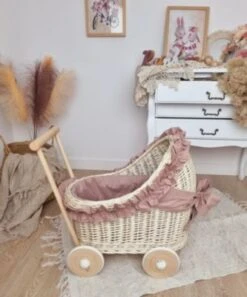 TinaForKids Puppenwagen Mit Bettwäscheset Aus Weiden Und Holz, Natur/Altrosa